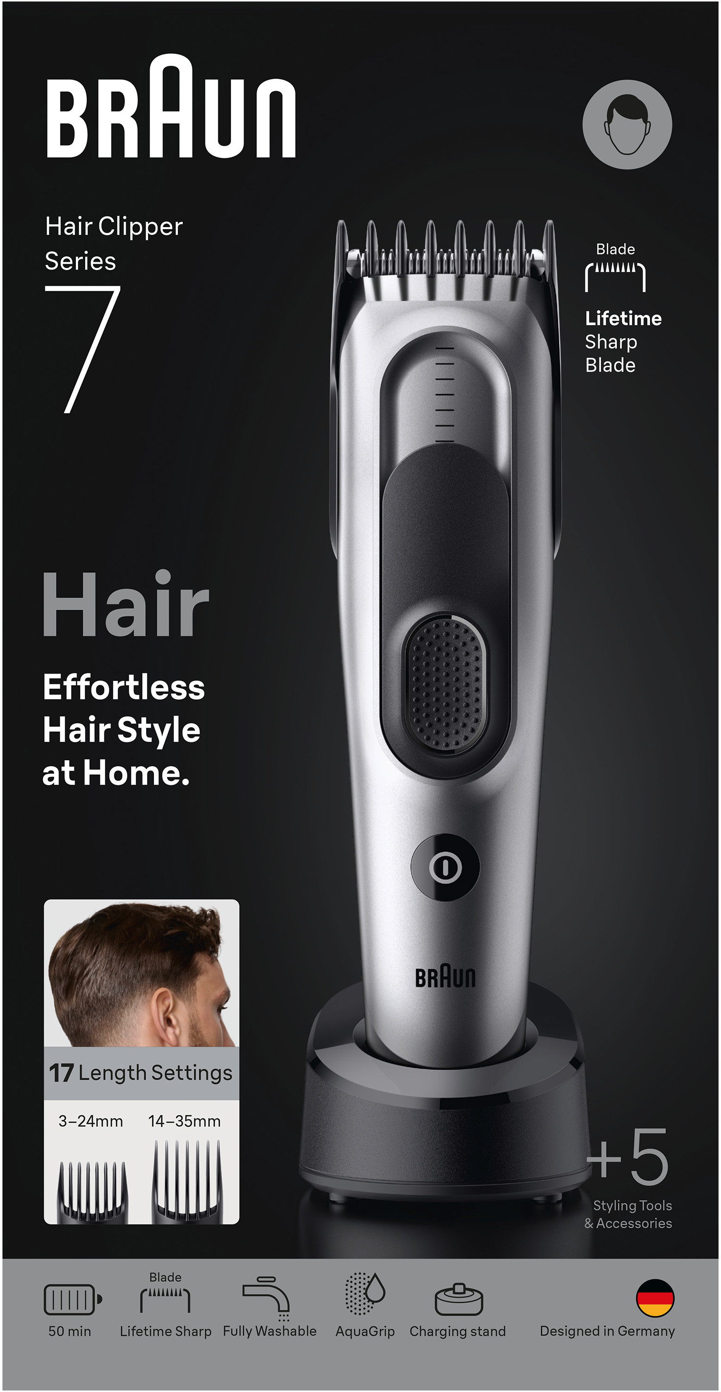 Tondeuse à cheveux Braun Série 7 argentée avec socle de chargement et accessoires.
