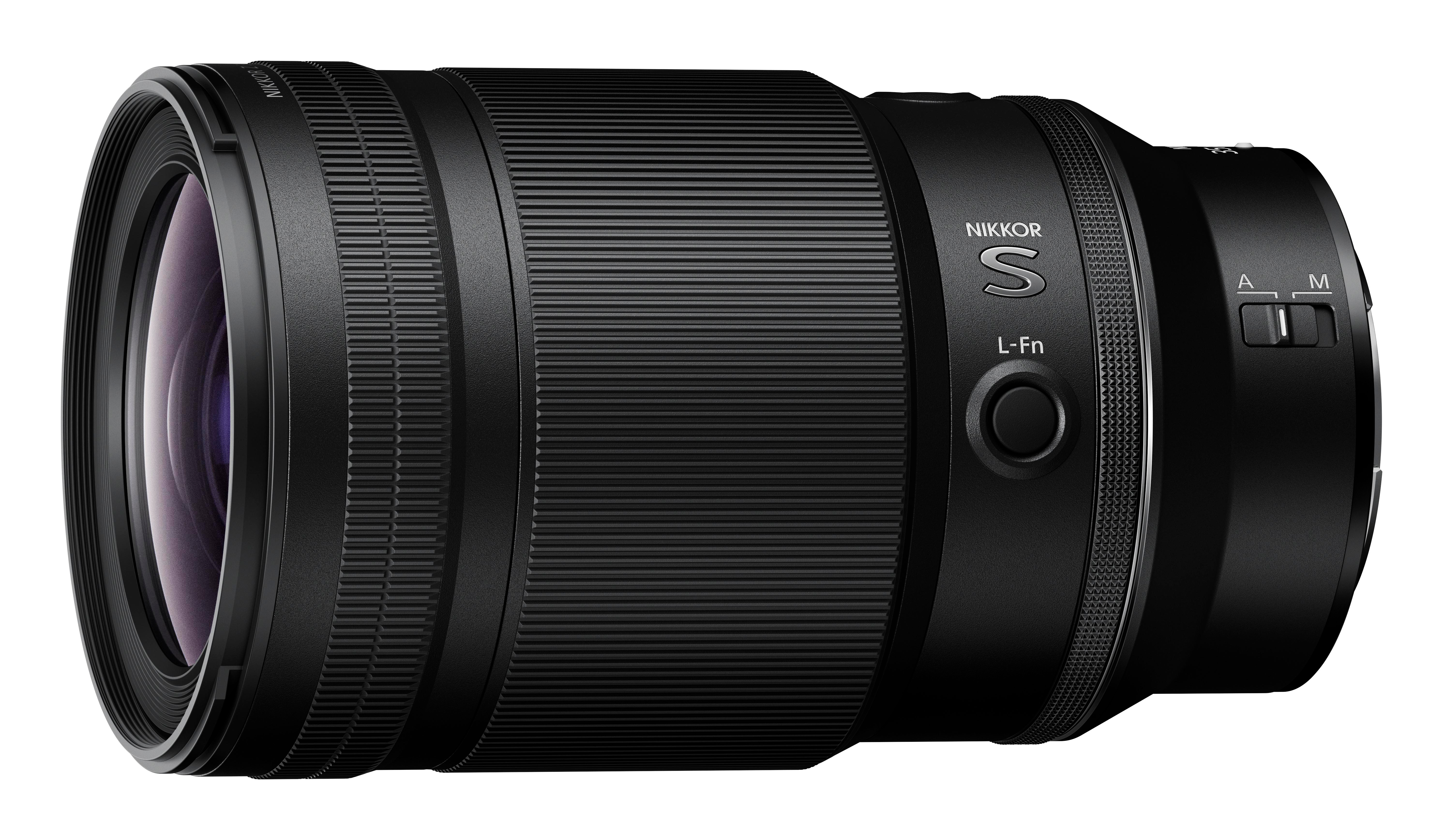 Schwarzes NIKKOR S Objektiv mit gerilltem Fokusring und AF/MF-Schalter.