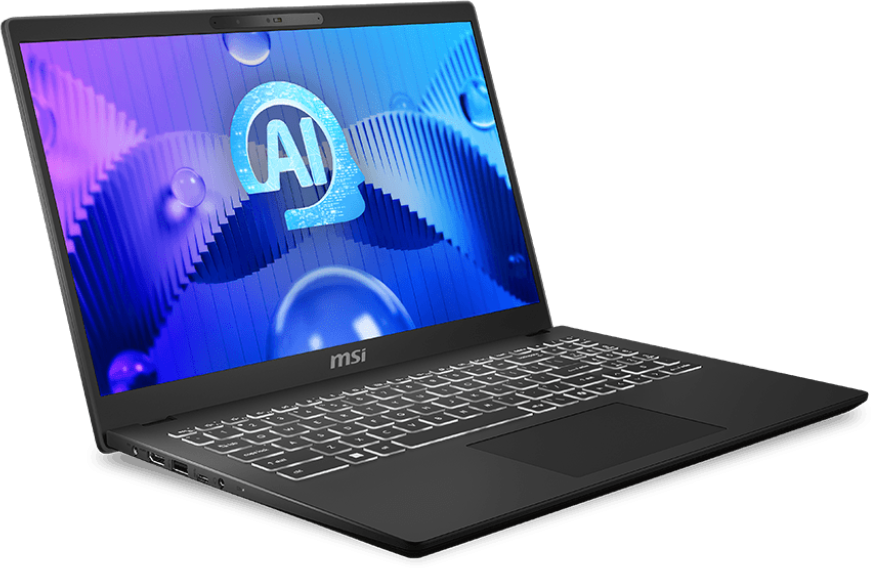 Fekete MSI laptop AI grafikával a képernyőn.