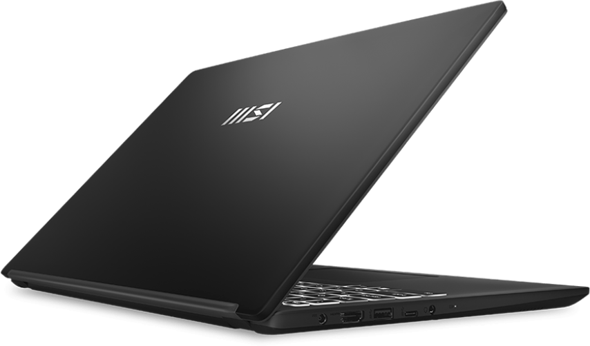 Fekete MSI laptop, részben nyitva, billentyűzetet mutatva. Az MSI logója látható a fedélen.