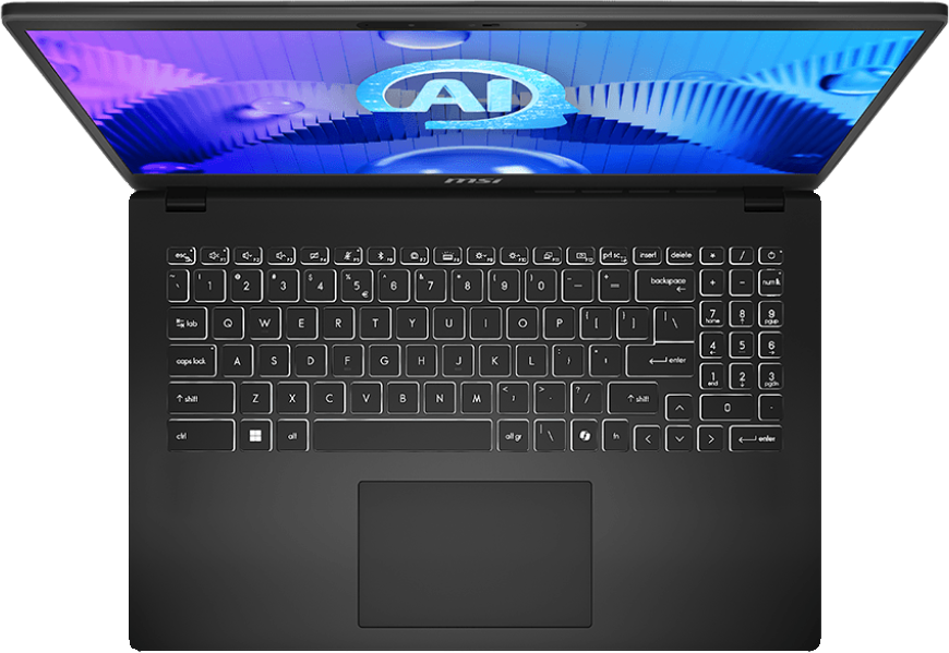 Fekete MSI laptop felülnézetből. Világító billentyűzet látható. A képernyőn "AI" grafika.