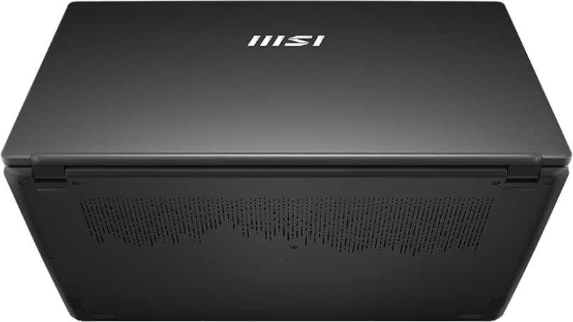 Egy zárt fekete laptop alsó nézete az MSI logóval.