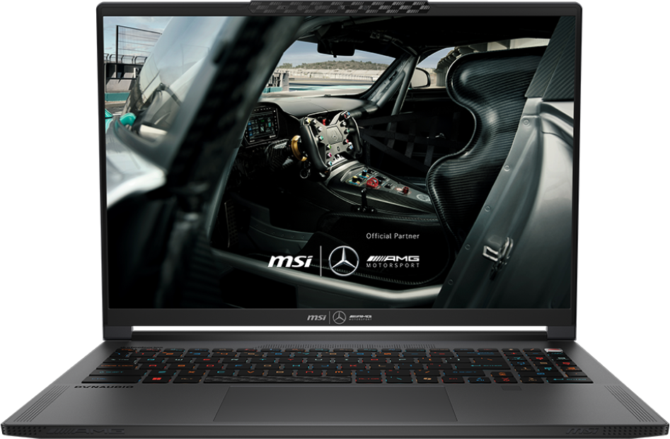 MSI laptop autó belső terét mutatja, MSI és AMG Motorsport logókkal.