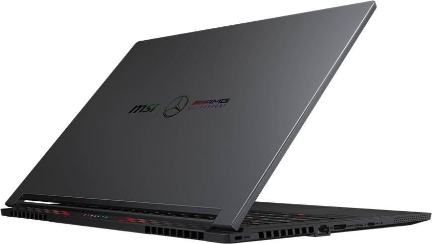 Fekete MSI laptop, részben nyitva. A fedélen MSI, AMG és Mercedes logók.