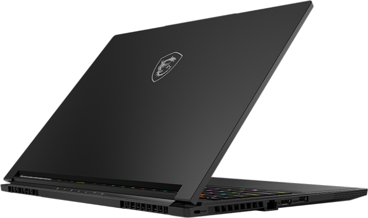 Fekete laptop enyhén nyitott képernyővel.