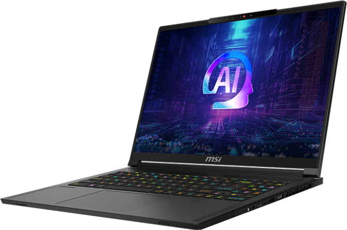 Egy fekete laptop 'msi' logóval. A képernyő egy AI grafikát mutat színes billentyűzettel.
