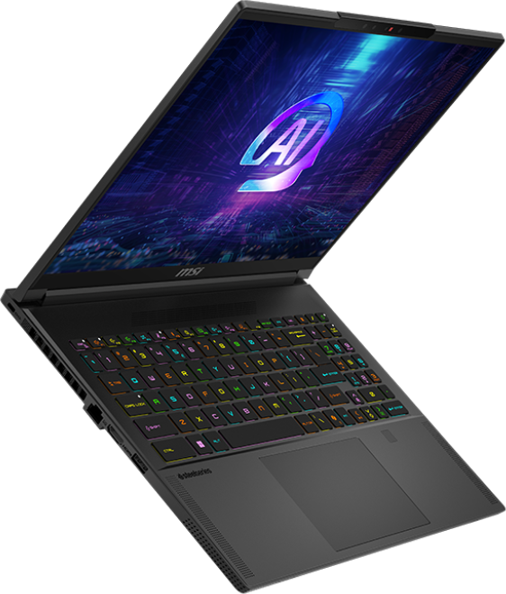 Fekete laptop nyitva, AI grafikát jelenít meg a képernyőn.