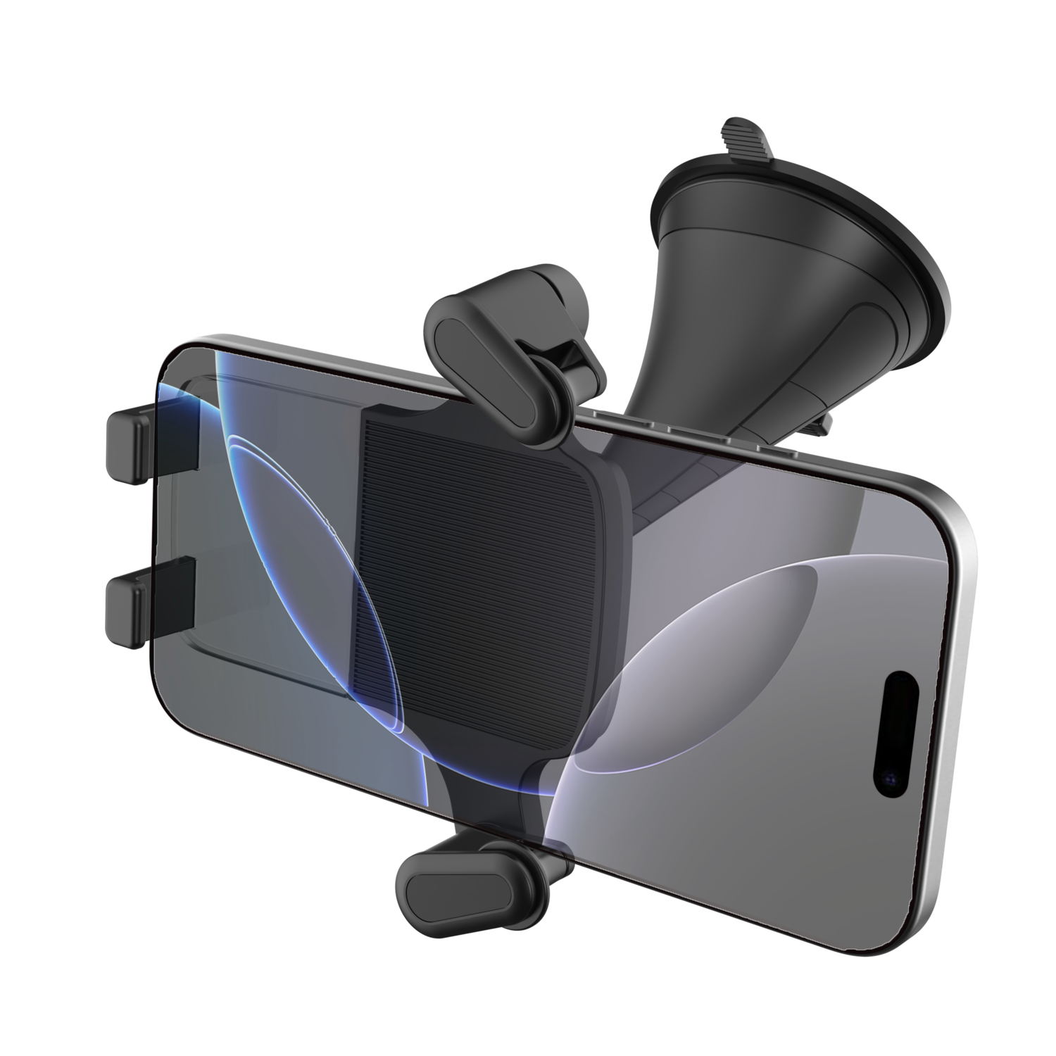 Black phone mounted on a car holder with a suction cup, black background.