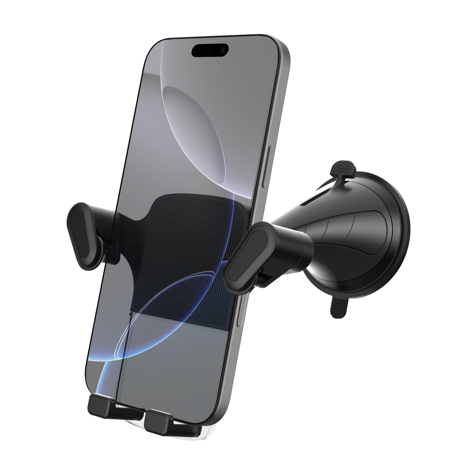 Black phone mounted in a black car phone holder.