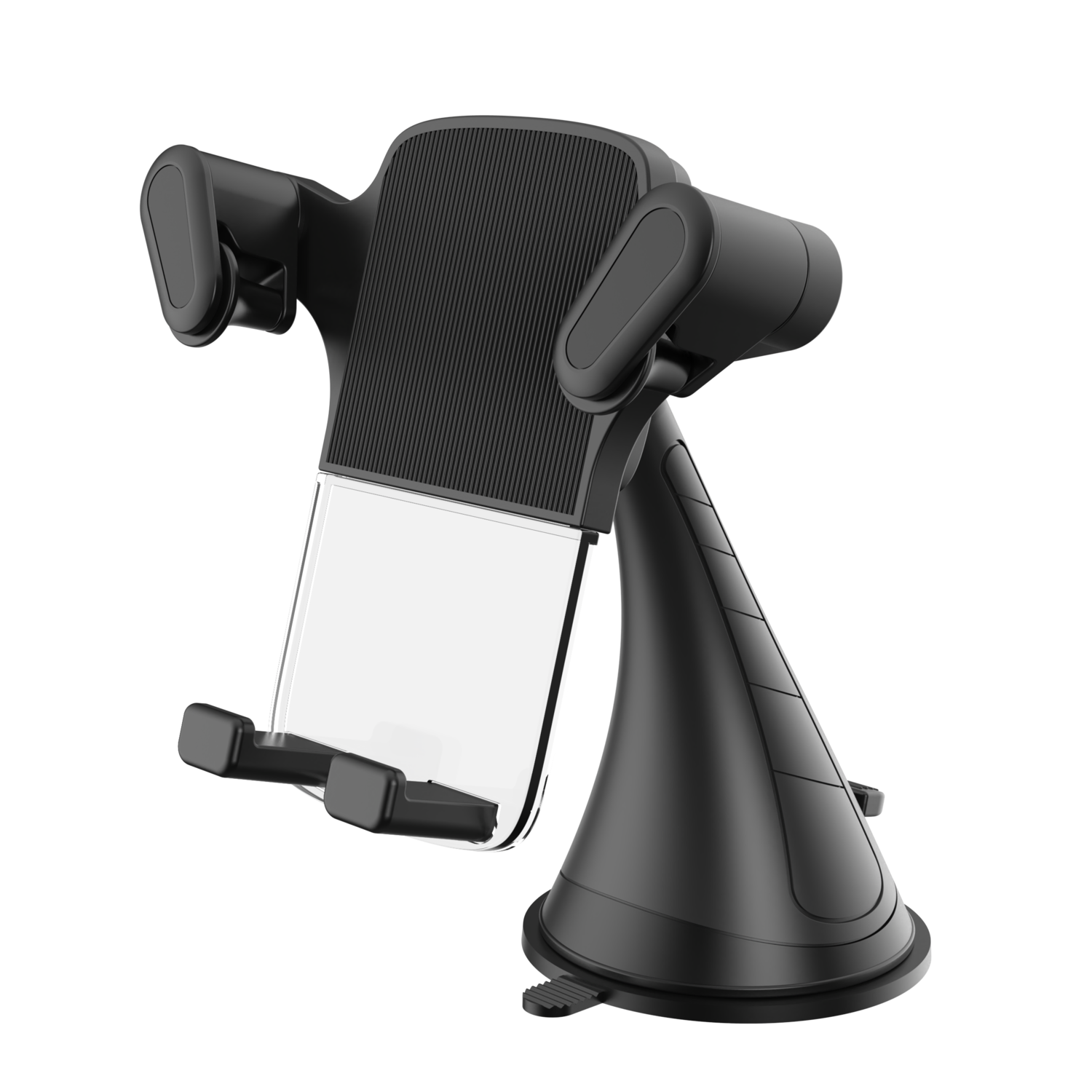 A black car phone mount with a suction cup base. It is angled towards the viewer.