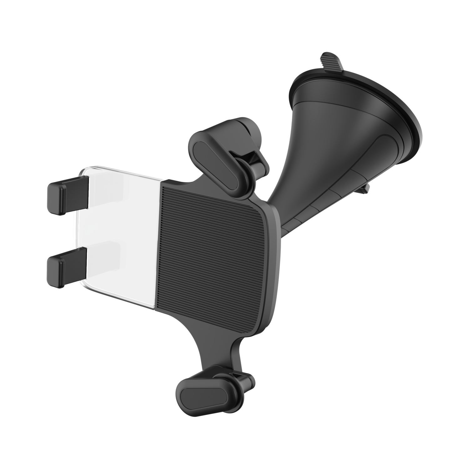 Black car phone holder with a suction cup, on a black background.