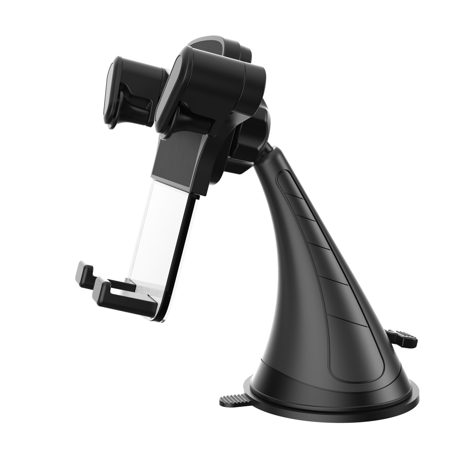 Black car phone holder with a suction cup base, black background.