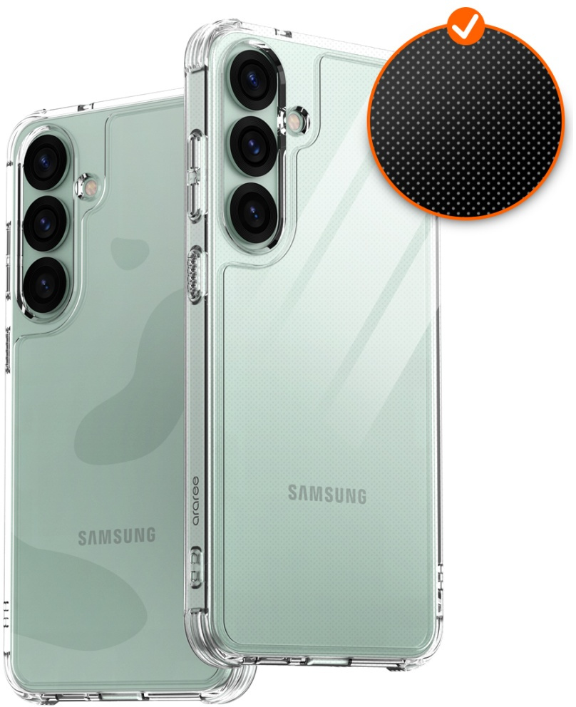 Dwa miętowe telefony Samsung w przezroczystych etui, zbliżenie na etui.