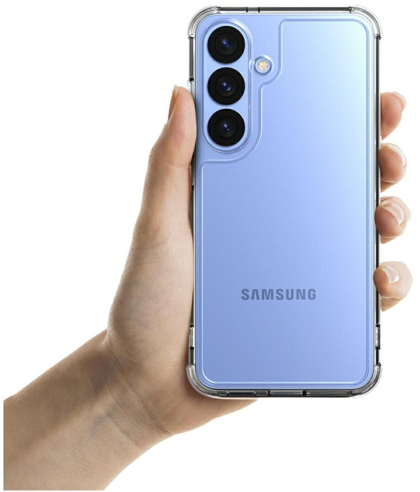 Ręka trzymająca niebieski telefon Samsung z przezroczystym etui, pokazująca tył.