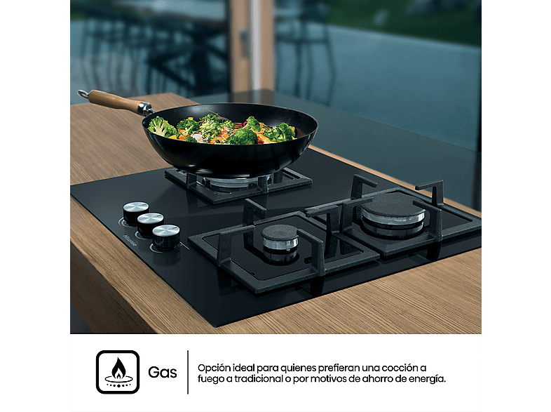 Placa de gas natural y butano Hisense GG633B, 3 zonas, Cristal Gas, 58 x 51 cm, negro