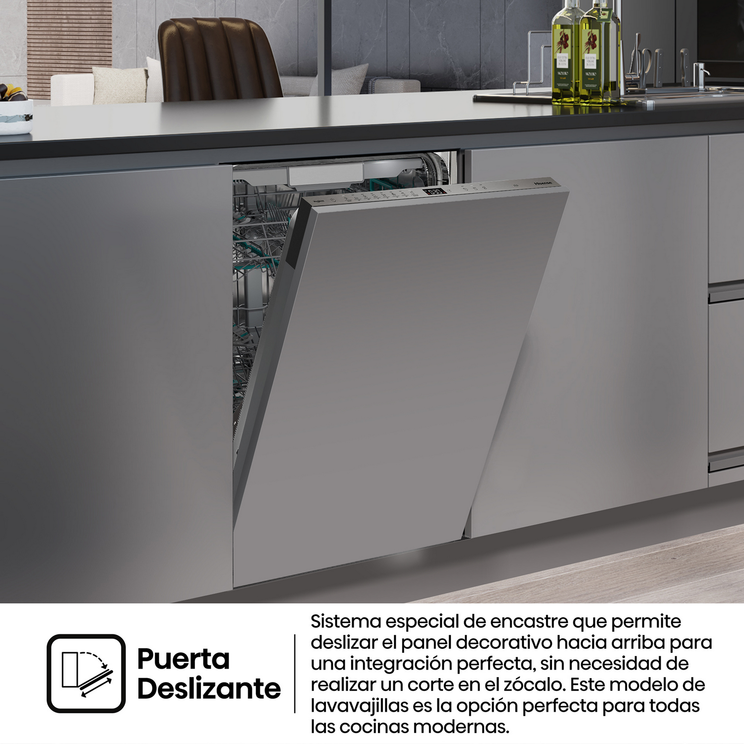 Lavavajillas con puerta abierta, gris. Texto sobre la función de puerta corredera.