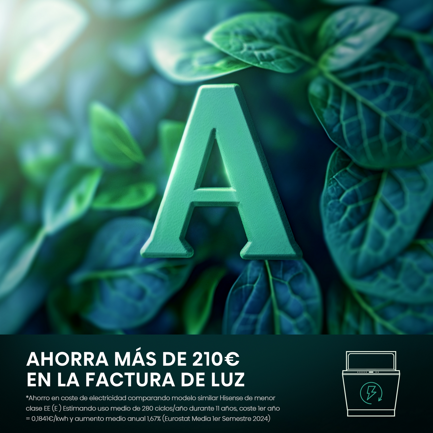 'A' verde sobre un fondo frondoso con texto en español sobre el ahorro de electricidad.