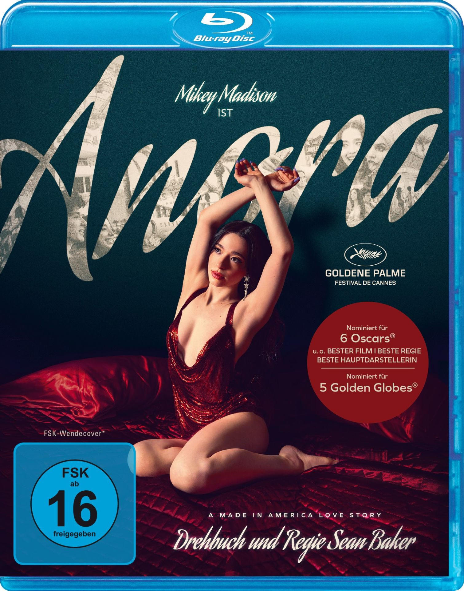 Filmcover 'Anora'. Eine Frau in rotem Kleid sitzt auf einem Bett. Filmposter-Details sind sichtbar.