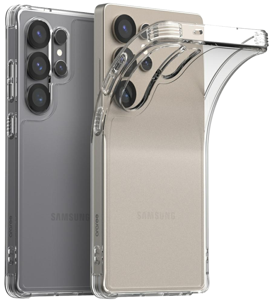 Dwa telefony w etui, jeden szary, jeden przezroczysty. Oba to Samsung. Etui pokazują obiektywy aparatu.