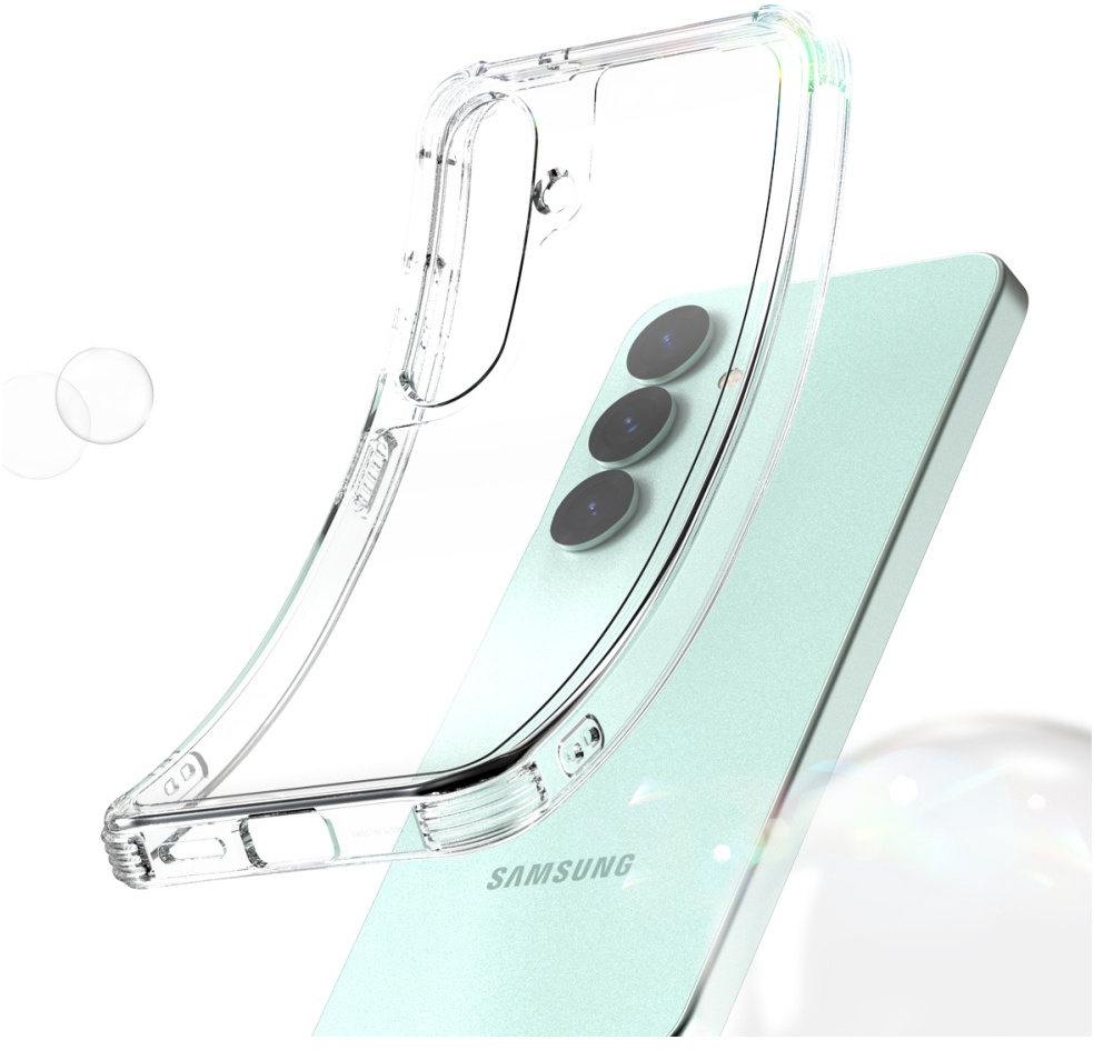 Przezroczyste etui na miętowo zielonym telefonie. Widoczne obiektywy aparatu. Etui ochronne Samsung.