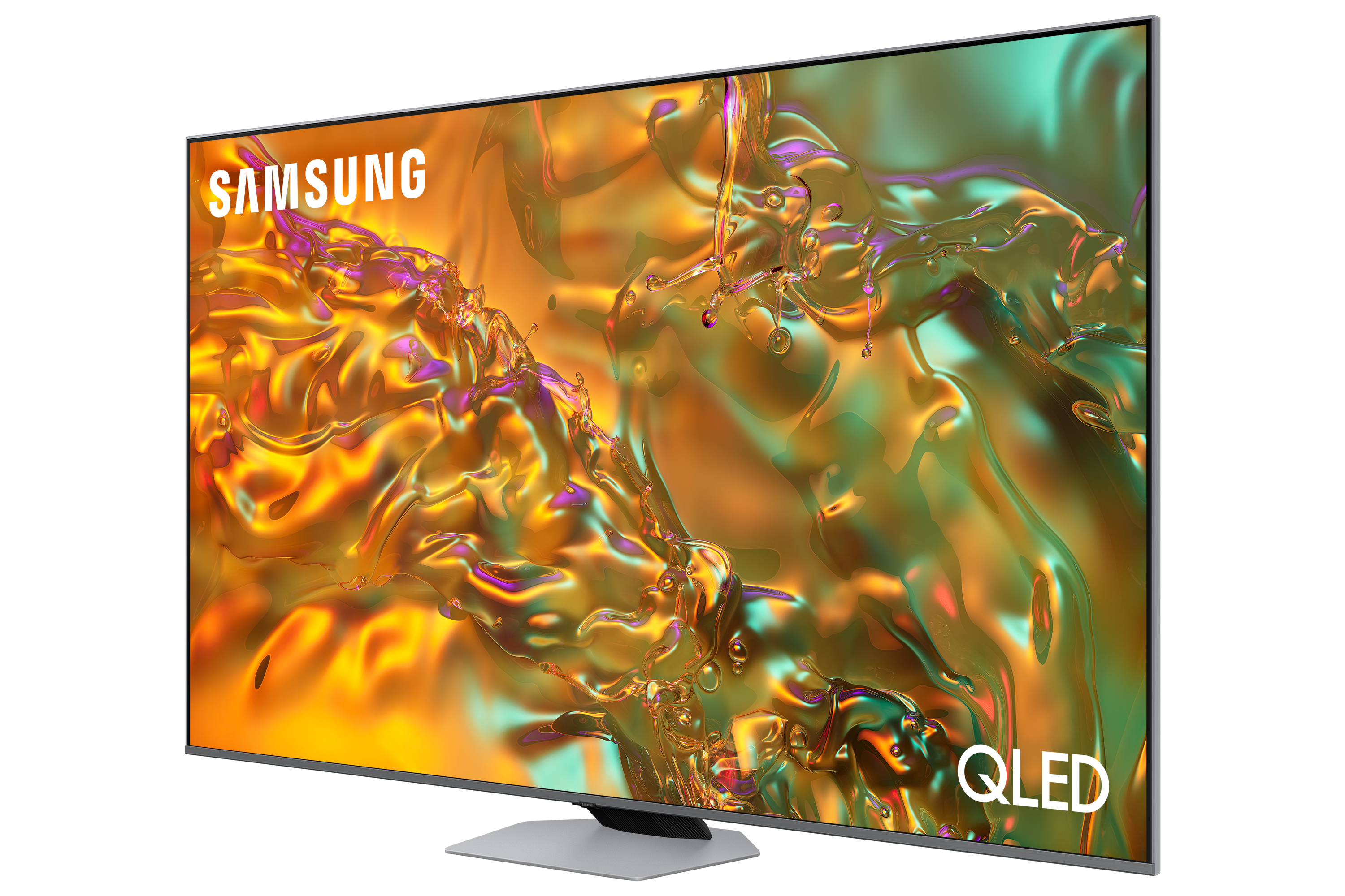 Telewizor Samsung QLED z żółtą i zieloną sztuką abstrakcyjną na ekranie.