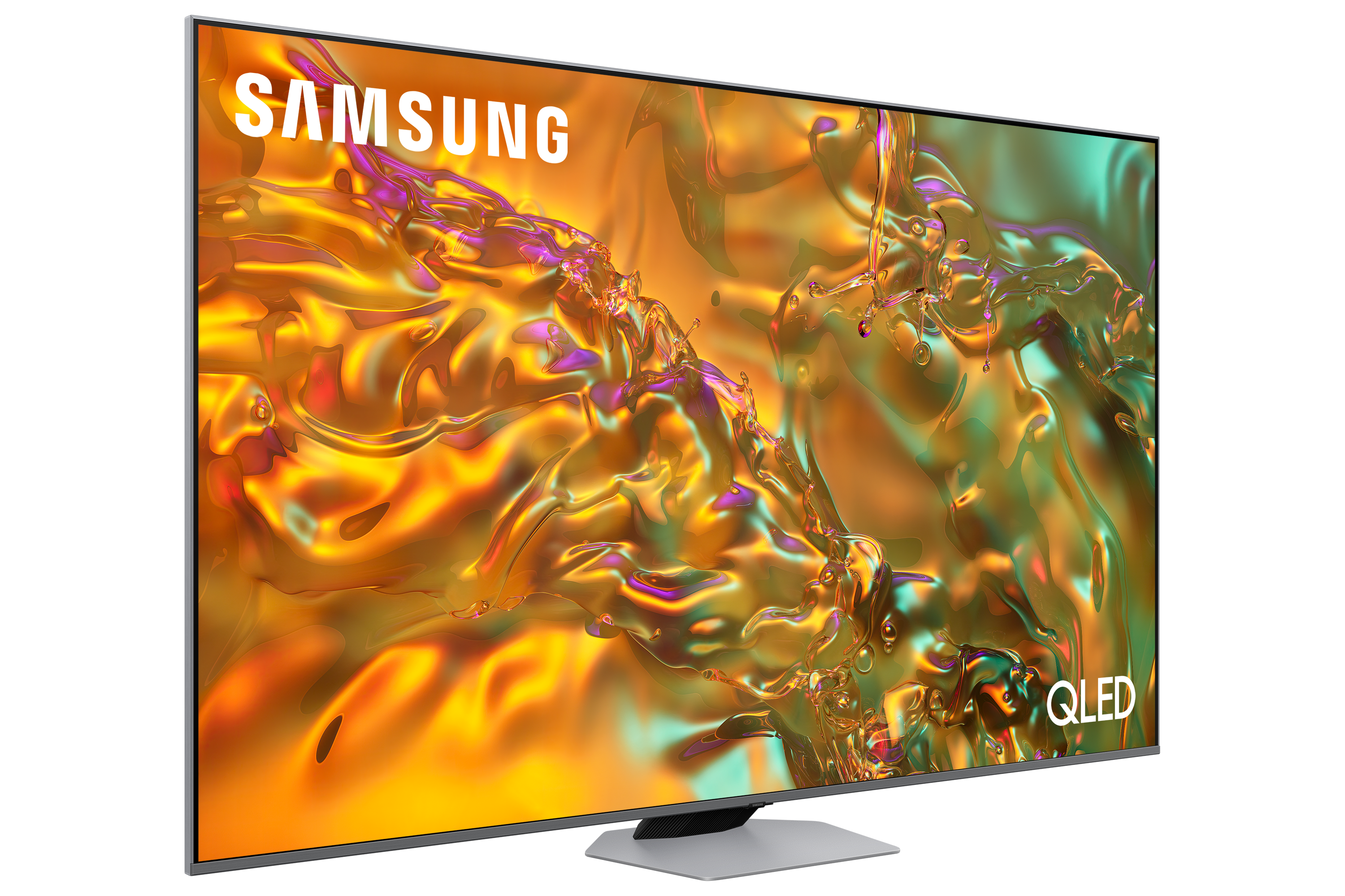 Duży telewizor Samsung QLED na stojaku. Ekran wyświetla kolorową grafikę.