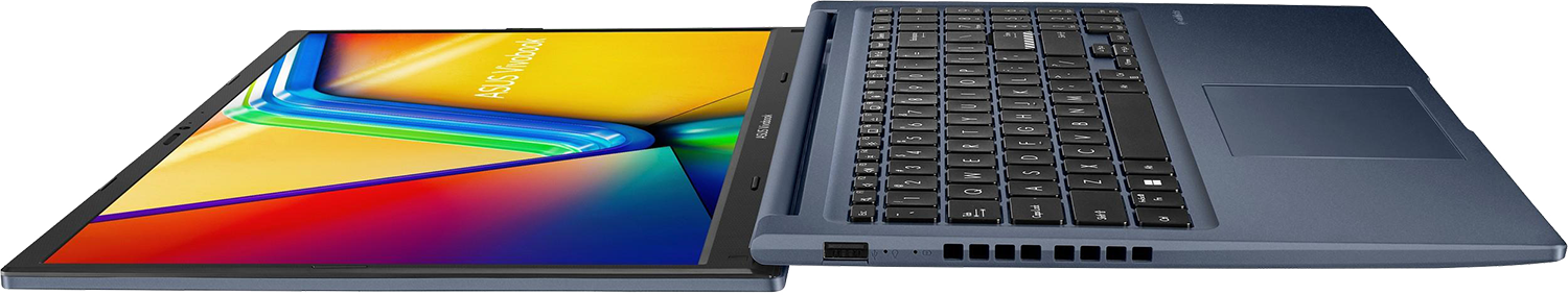 Egy kék ASUS Vivobook laptop nyitva. A képernyő színes képet mutat.