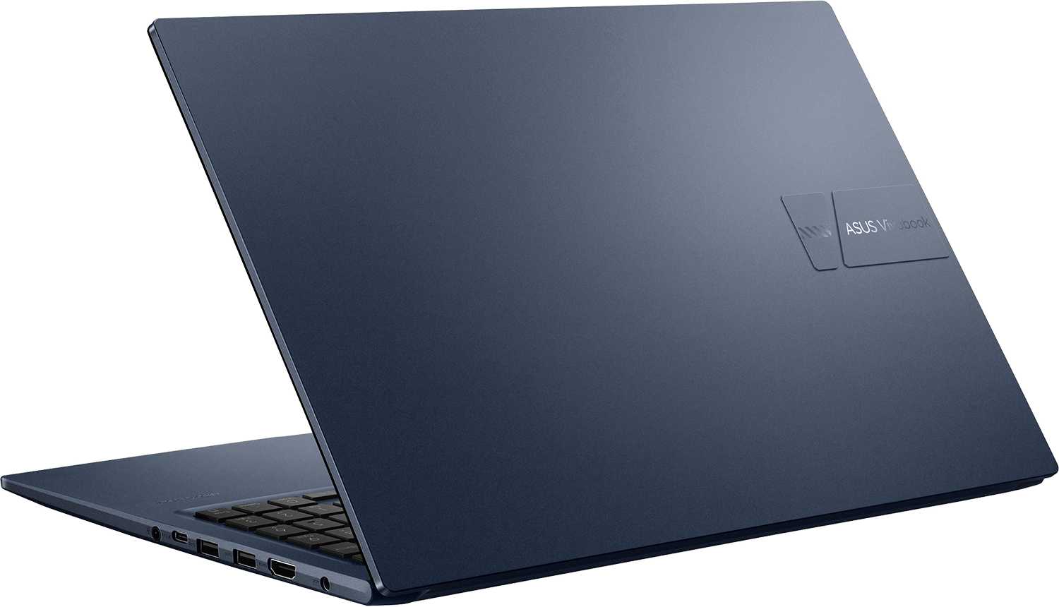 Kék laptop billentyűzettel és látható portokkal.