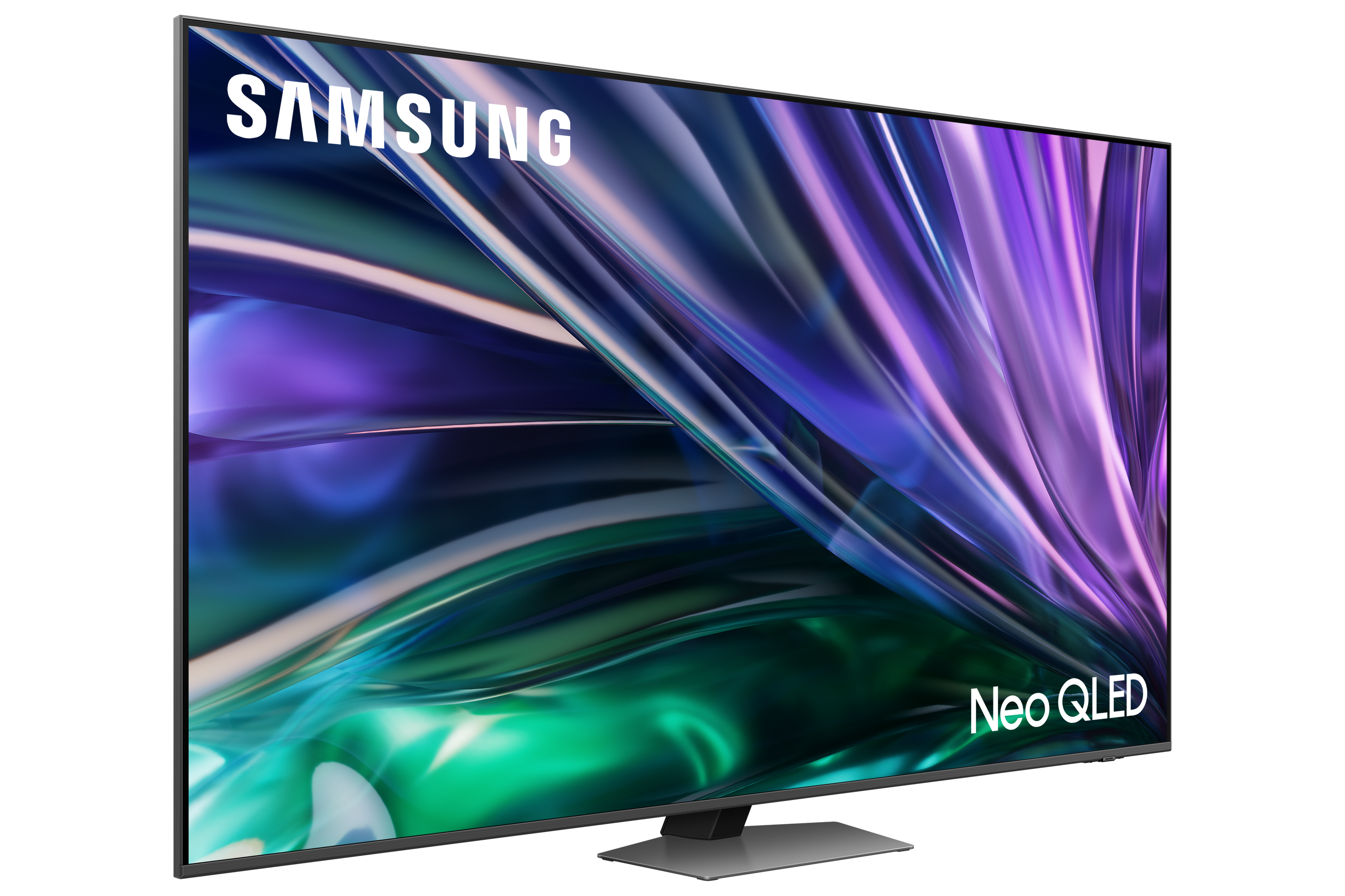 Telewizor Samsung Neo QLED na czarnym tle. Ekran wyświetla kolorową sztukę abstrakcyjną.