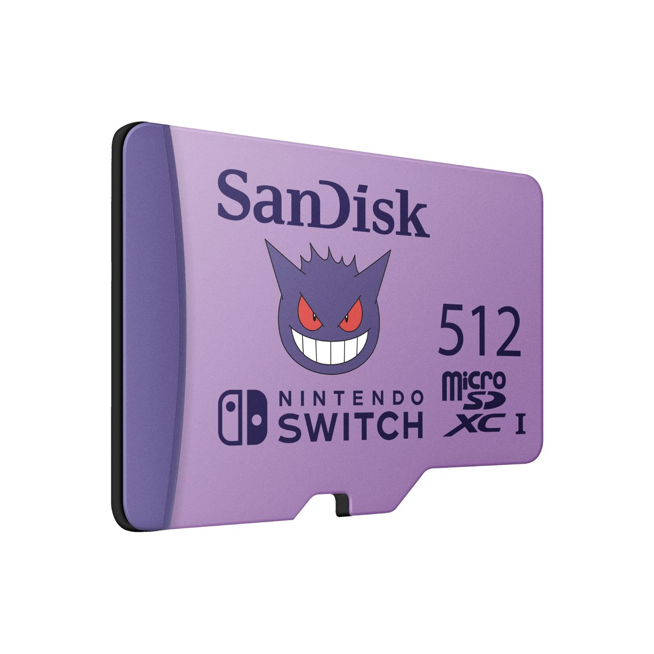 Una tarjeta micro SD SanDisk morada con el logotipo de Nintendo Switch y un personaje de Pokémon.
