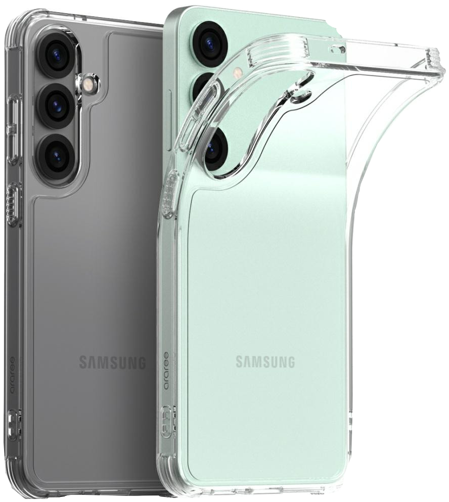 Dwa przezroczyste etui na telefon, jedno na telefonie. Obydwa mają wycięcia na aparat. Widoczne logo Samsunga.