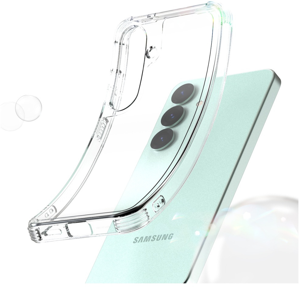 Przezroczyste etui na telefon unoszące się nad telefonem z trzema obiektywami.