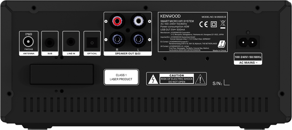 Parte posteriore di uno stereo Kenwood nero. Varie porte di ingresso/uscita e avvertenze di sicurezza.