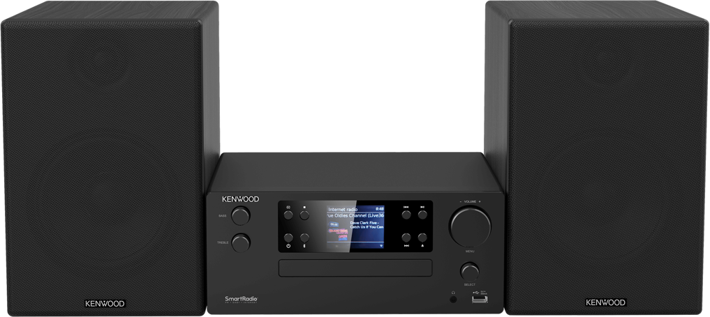 Kenwood SmartRadio nero con due altoparlanti, che mostra l'interfaccia radio.
