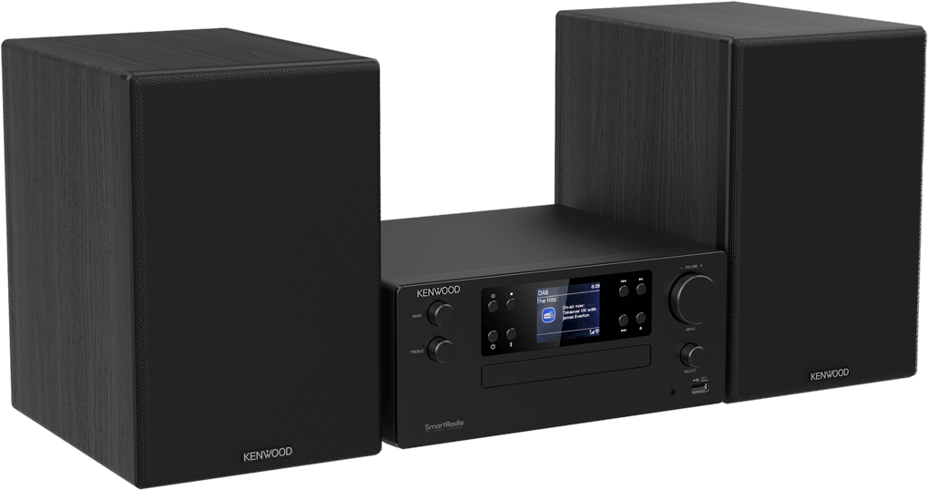 Kenwood SmartRadio nero con altoparlanti, che mostra uno schermo.
