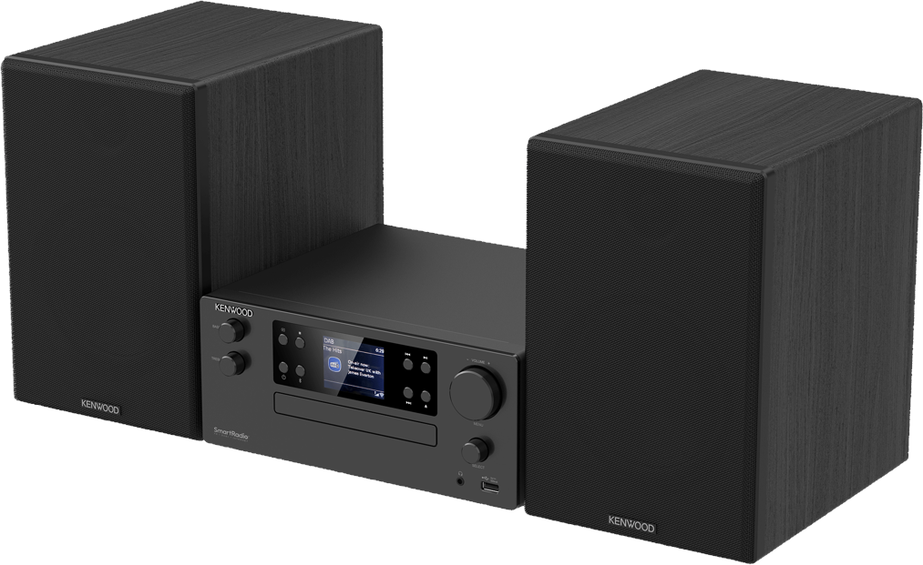 Una Kenwood SmartRadio nera con due altoparlanti neri su sfondo bianco.