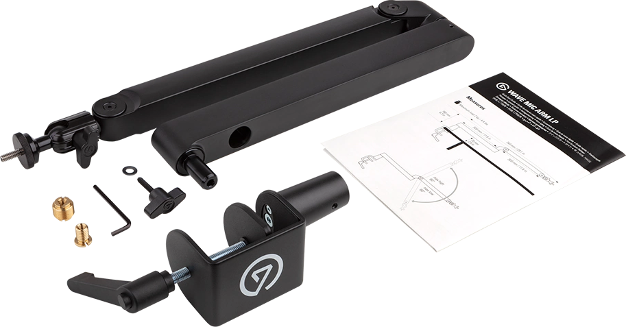 Braccio microfono nero con accessori e diagramma su sfondo bianco.