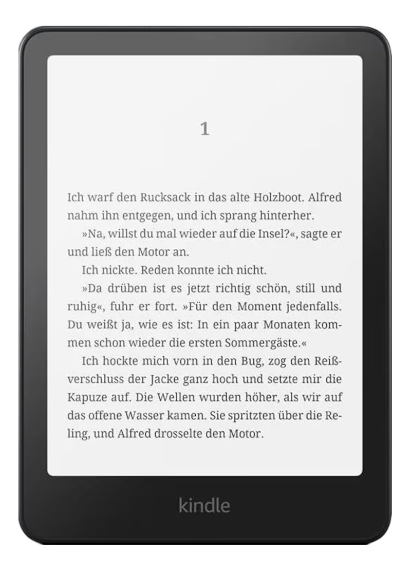 Kindle che mostra testo. Un e-reader digitale che mostra una pagina di testo tedesco.