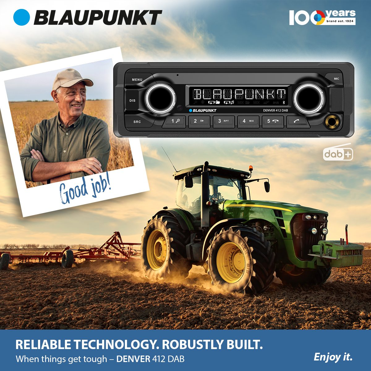 Radio mit Foto eines Mannes auf einem Feld mit Traktor. Text sagt zuverlässige Technologie.