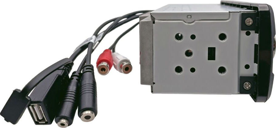 Autoradio mit Kabeln, USB-Anschluss und Audiobuchsen, schräge Ansicht. Rückseite sichtbar.