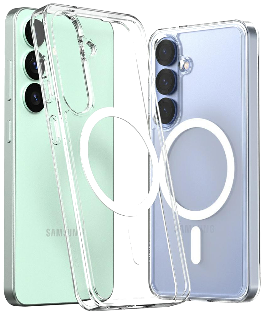 Dwa etui na telefon, jedno miętowe, drugie przezroczyste, z białym okręgiem.