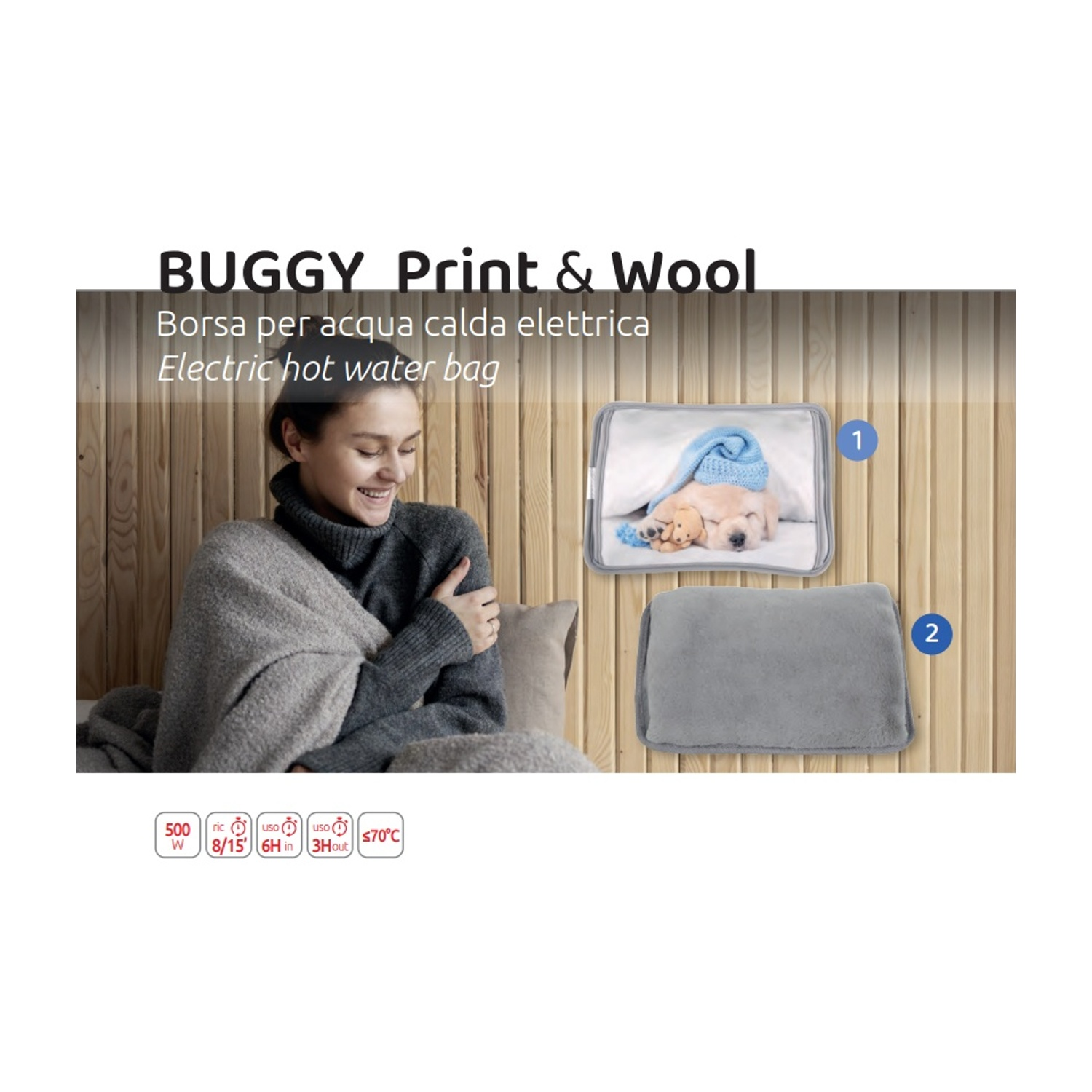 Borsa dell'acqua calda con un cucciolo, una donna avvolta in una coperta e il testo BUGGY.