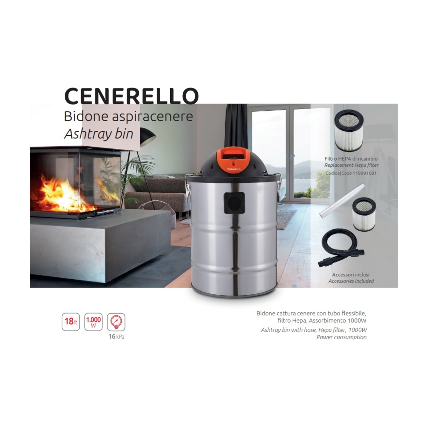 Un aspirapolvere per ceneri in acciaio inox con accessori.