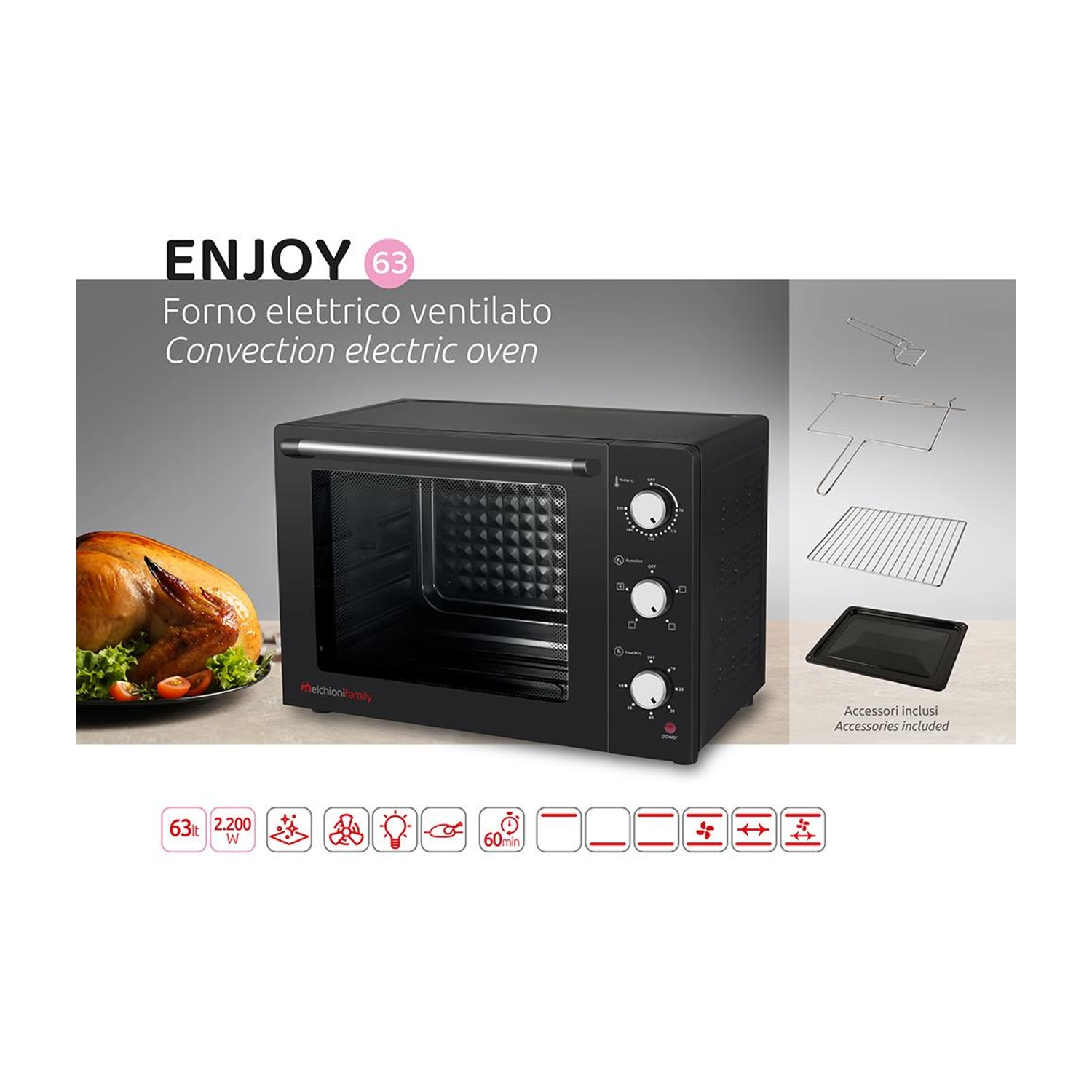 Un forno elettrico nero con accessori e un pollo arrosto su un piatto.