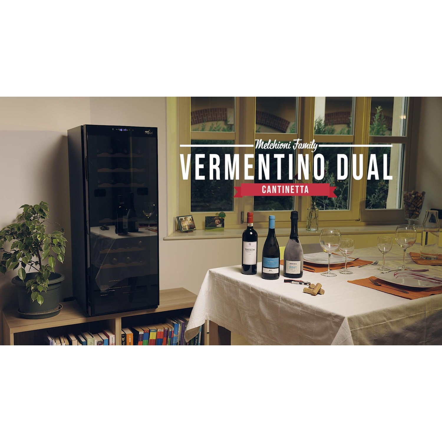 Cantinetta con bottiglie di vino, bicchieri e mise en place. Una pianta è a sinistra.