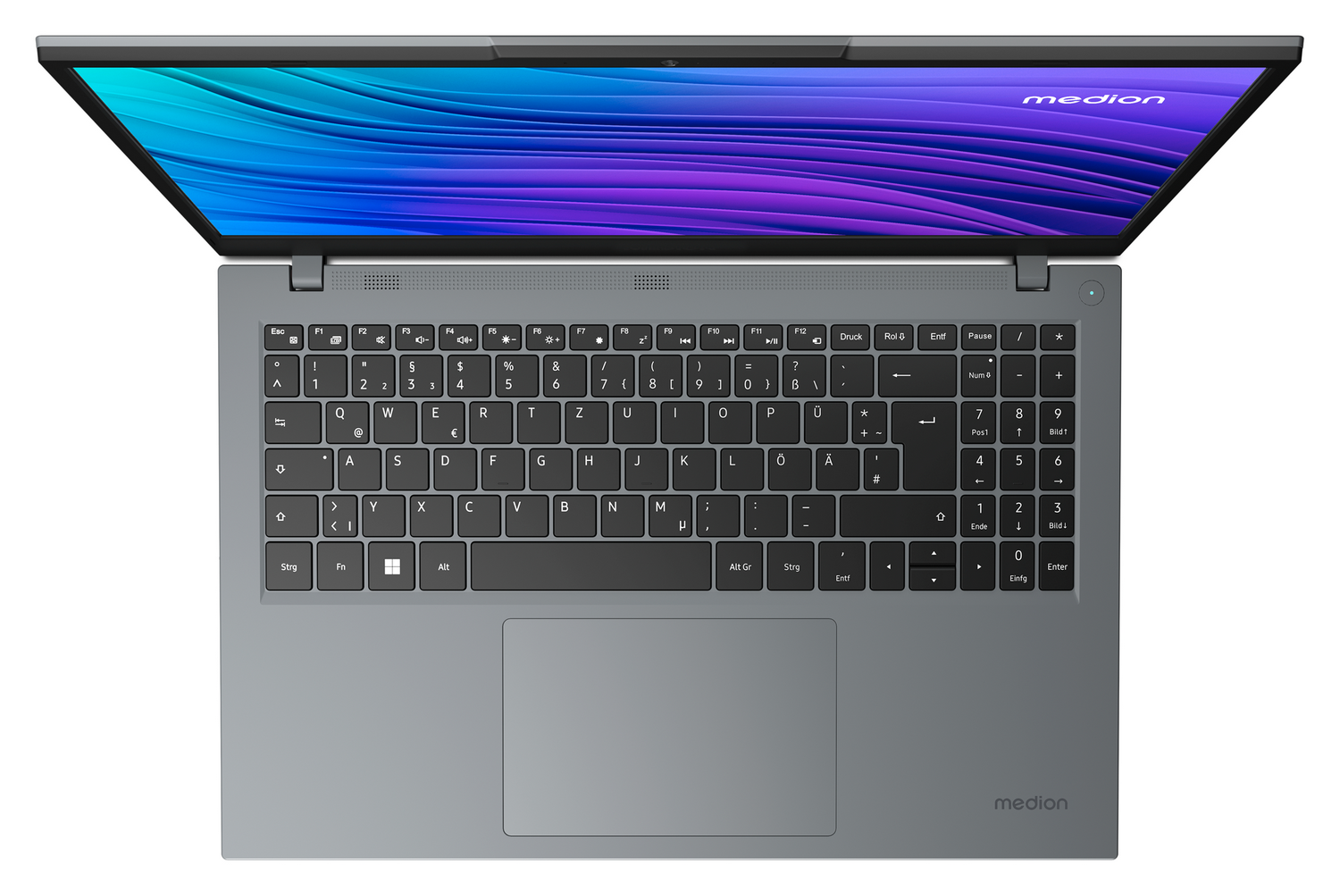 Vista superior de un portátil gris con teclado y logo Medion.