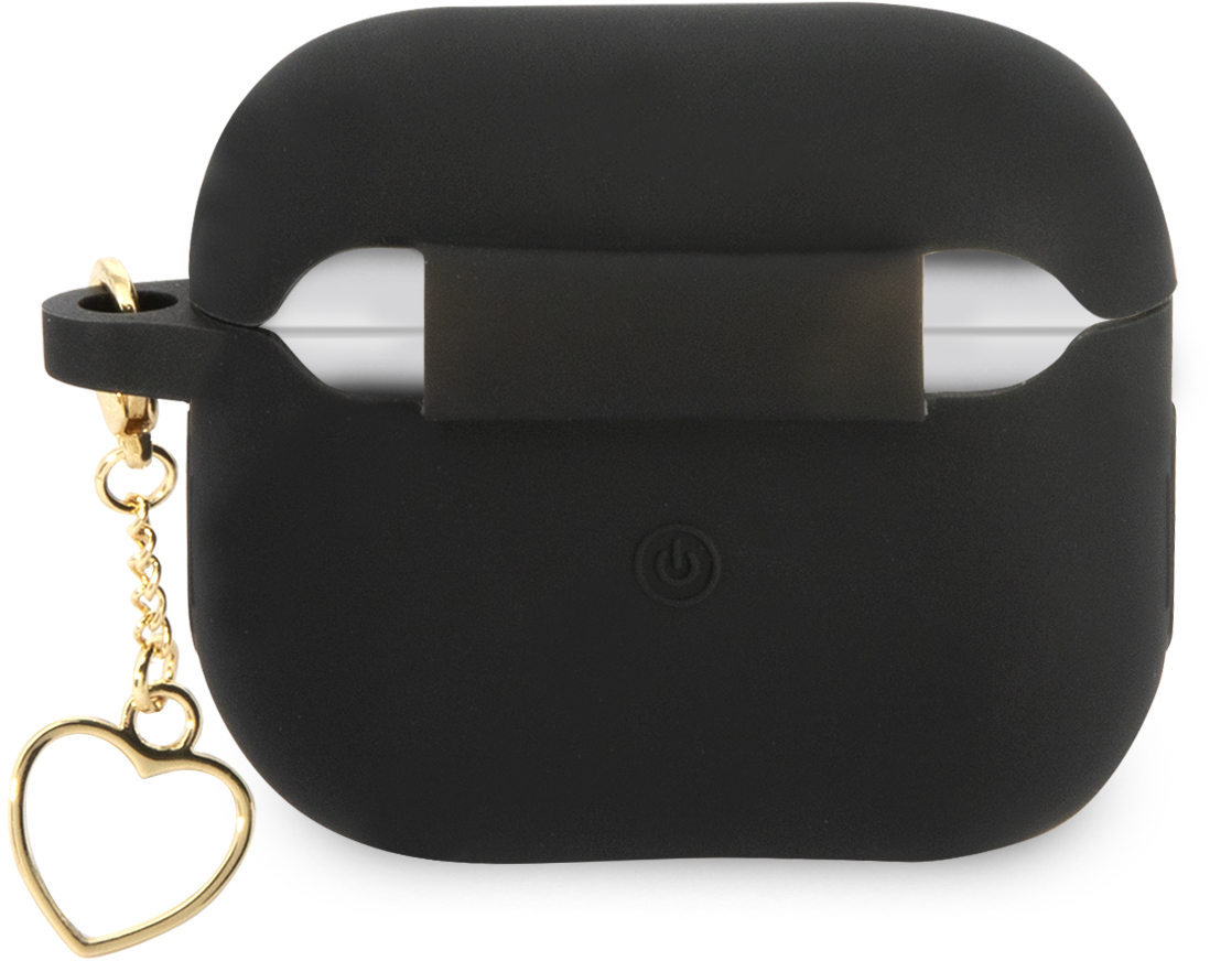 Czarne etui na AirPods ze złotym sercem. Etui ma wskaźnik zasilania.