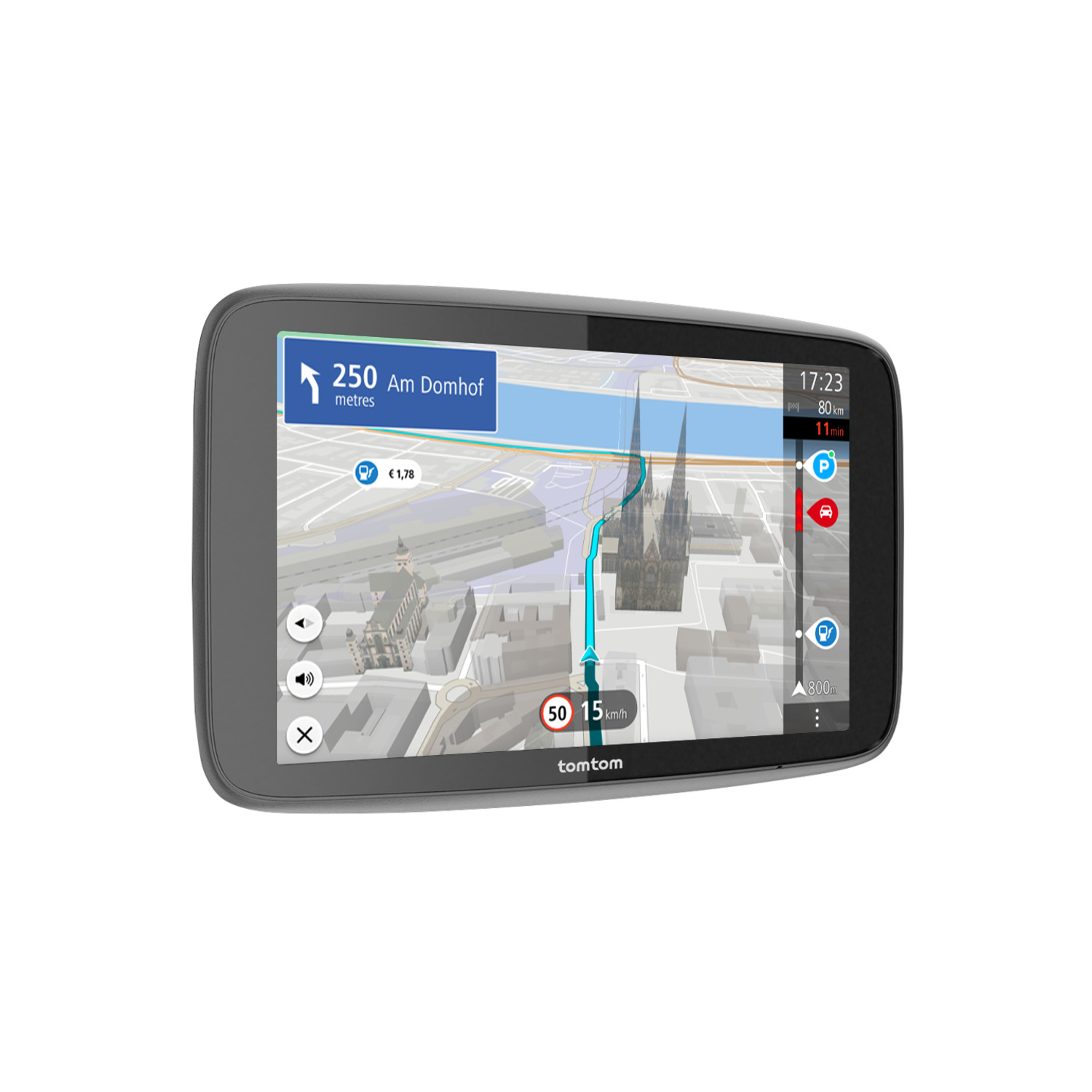 A GPS device displaying a map and navigation instructions.