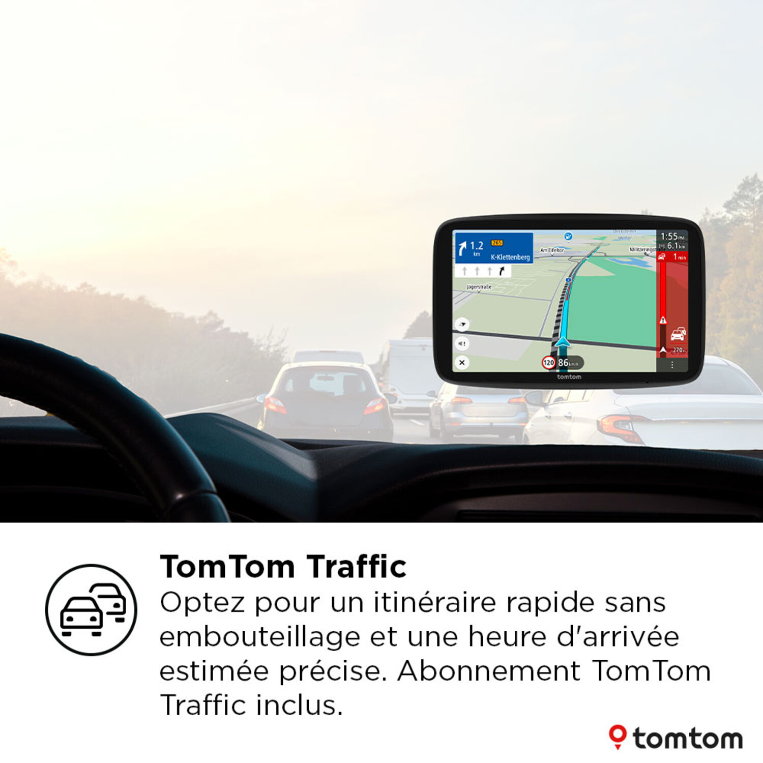 Un tableau de bord de voiture avec un appareil de navigation TomTom Traffic.