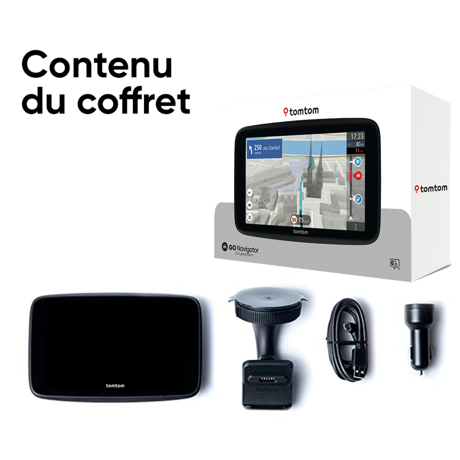 Une boîte avec un appareil GPS TomTom GO Navigator, un support, un chargeur et un câble.
